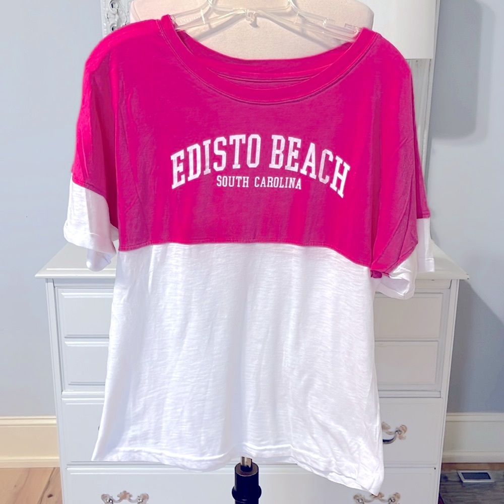 Edisto Beach Shirt Pink White Oversized Small Top